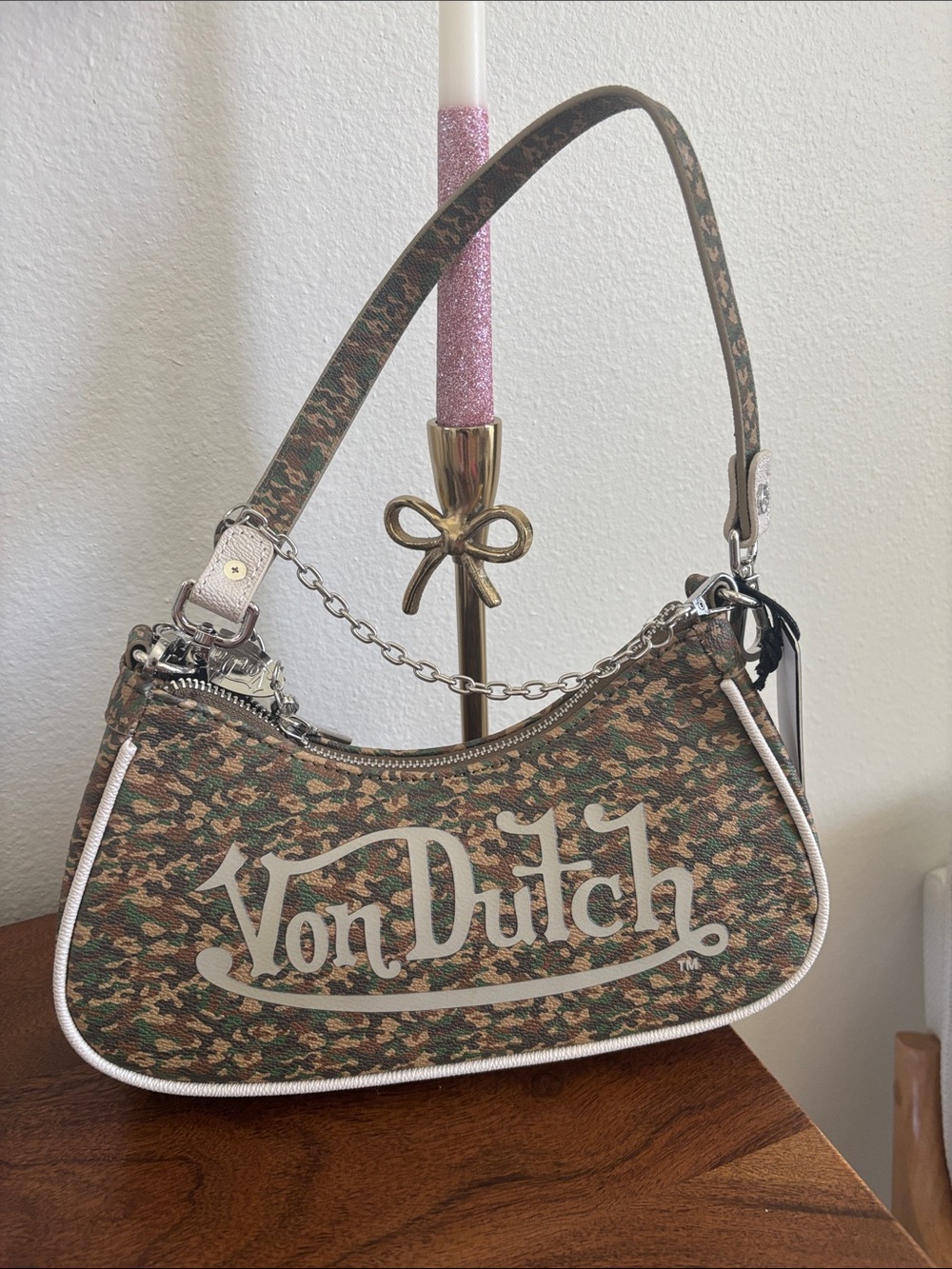 Von Dutch Green Camo Logo Shoulder Bag with Cream Trim